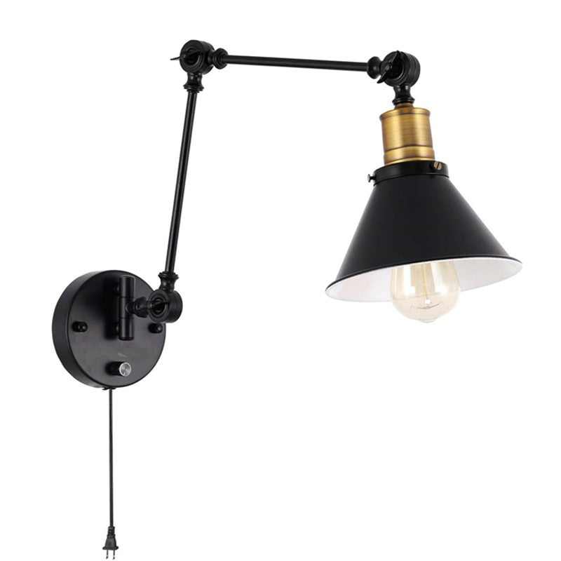 Flexible Swing Arm Metal Task Wall Light Industrial 1/2-Light Office Plug-in Wall Mount Lamp with Cone Shade in Black