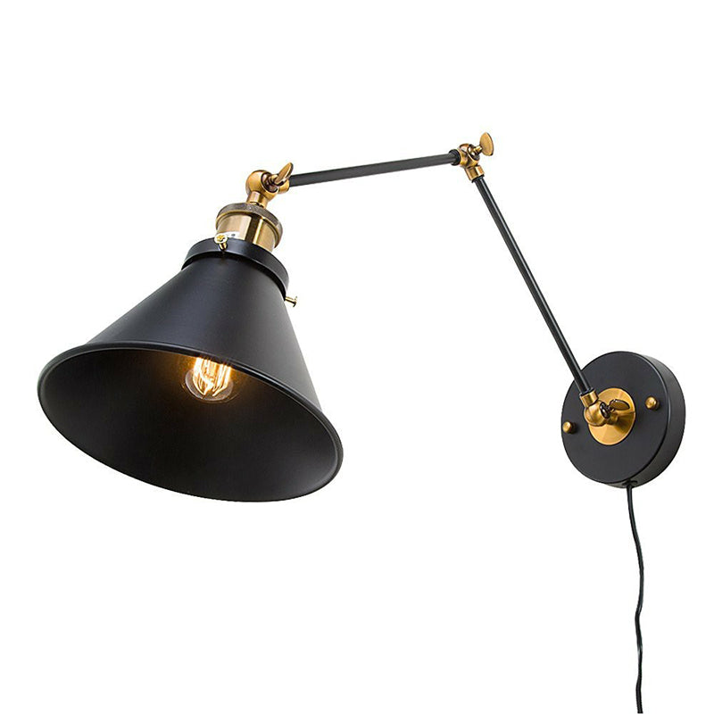 Iron Black Finish Reading Wall Lamp Roll-Edge Conical Single Industrial Plug/Plug-less Wall Lighting with Swing Arm