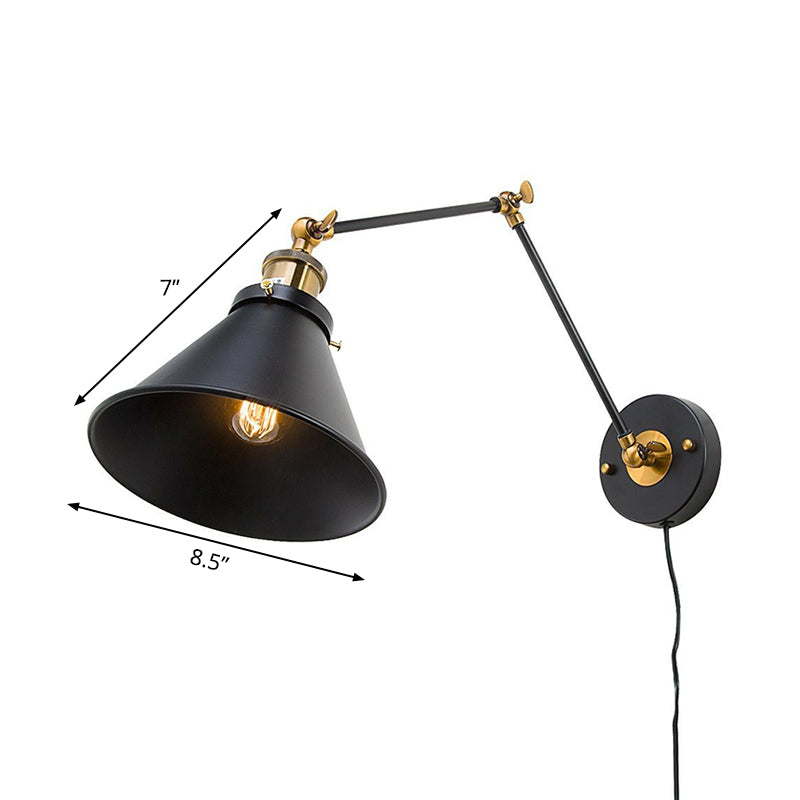 Iron Black Finish Reading Wall Lamp Roll-Edge Conical Single Industrial Plug/Plug-less Wall Lighting with Swing Arm