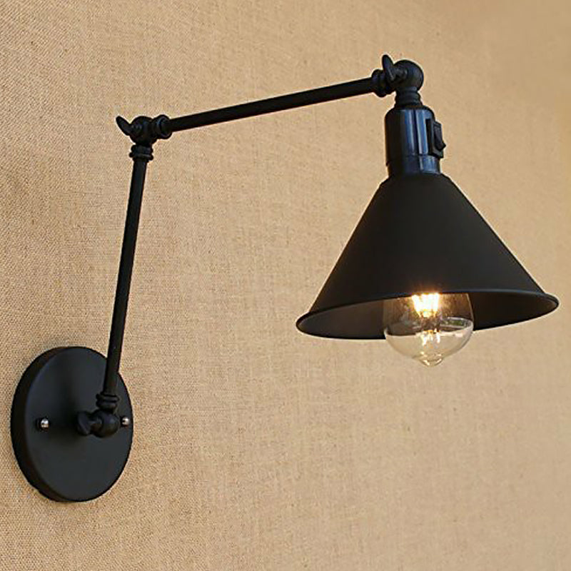 Black Cone Swing Arm Wall Lamp Kit Vintage Iron 1/2-Head Bedroom On/Off Button Wall Mounted Light Fixture