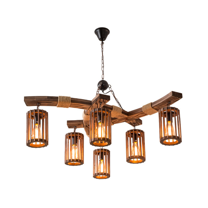 Wood Caged Hanging Chandelier Lodge 6-Bulb Dining Room Ceiling Pendant Light with Rope Detail in Black/Brown