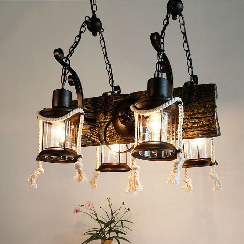 Wood Board Black Island Lamp Linear 4 Lights Nautical Suspension Lighting with Lantern and Hemp Rope