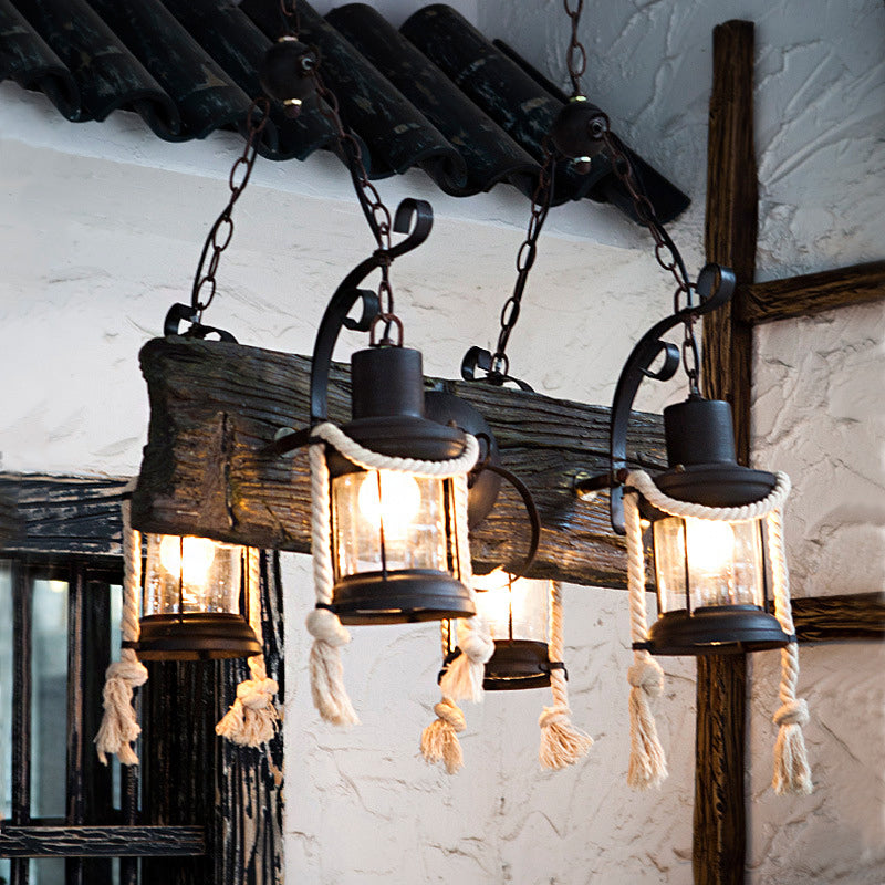 Wood Board Black Island Lamp Linear 4 Lights Nautical Suspension Lighting with Lantern and Hemp Rope