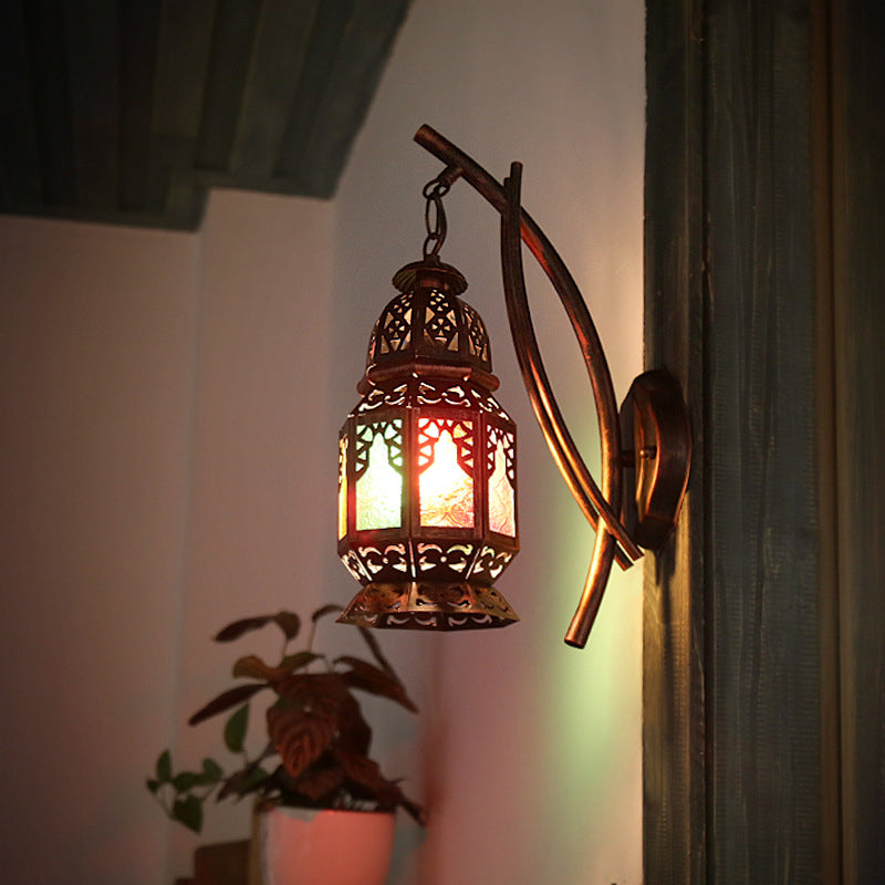 Moroccan Carved Lantern Wall Lamp 1 Bulb Stained Art Glass Wall Mounted Light Fixture in Copper