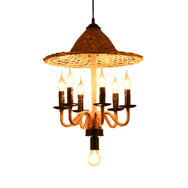 Candle Style Bistro Ceiling Chandelier Lodge Jute Rope 6/7 Bulbs Brown Hanging Lamp with Bamboo-Woven Hat Top