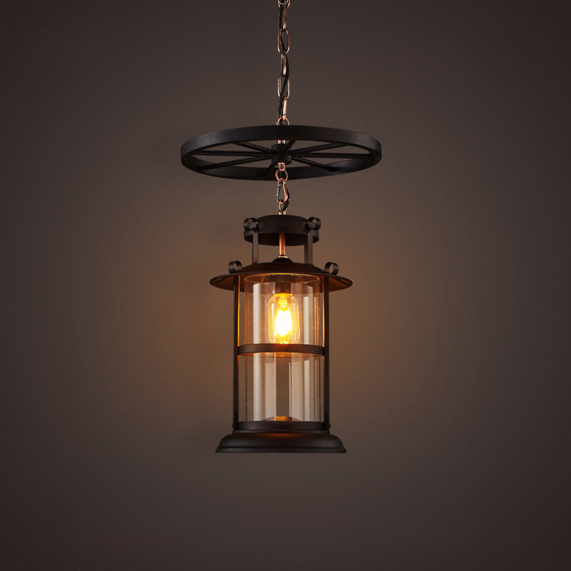 Cylindrical Cage Metal Pendant Lamp Industrial 1 Bulb Dining Room Ceiling Suspension Lamp with Wheel Decoration in Black