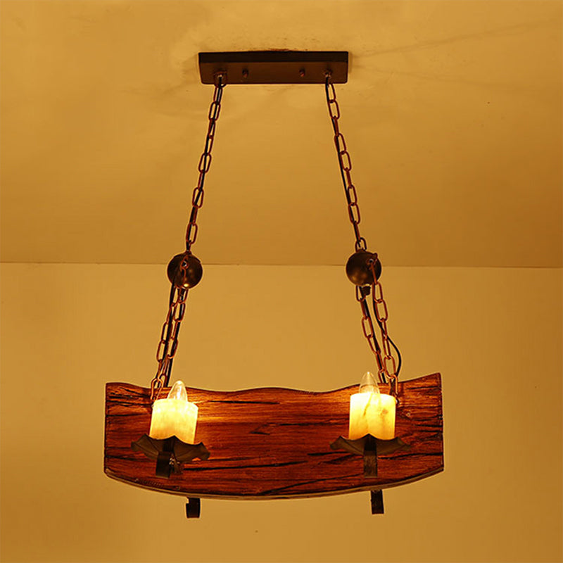 Rectangle Wood Board Island Lamp Rural 4 Bulbs Restaurant Down Lighting Pendant with Candle in Brown