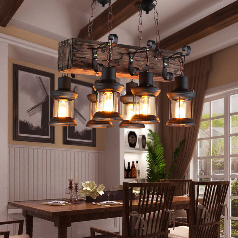 Clear Glass Brown Island Lamp Lantern 6 Lights Farmhouse Ceiling Pendant Light with Wood Block Top