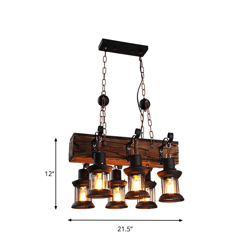 Clear Glass Brown Island Lamp Lantern 6 Lights Farmhouse Ceiling Pendant Light with Wood Block Top