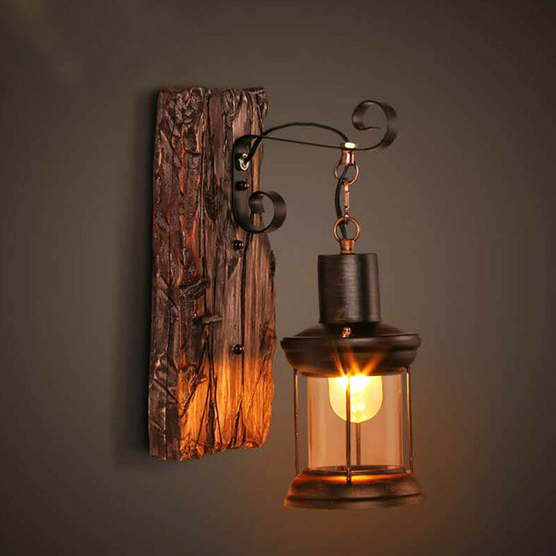 Brown Lantern Wall Hanging Light Nautical Wood Single-Bulb Bistro Wall Mounted Lighting Fixture