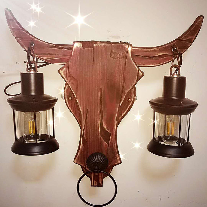 1/2-Light Clear Glass Wall Sconce Rustic Brown Lantern/Kerosene Kitchen Wall Mounted Light with Ox/Oval Wood Backplate