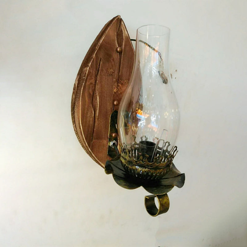 1/2-Light Clear Glass Wall Sconce Rustic Brown Lantern/Kerosene Kitchen Wall Mounted Light with Ox/Oval Wood Backplate