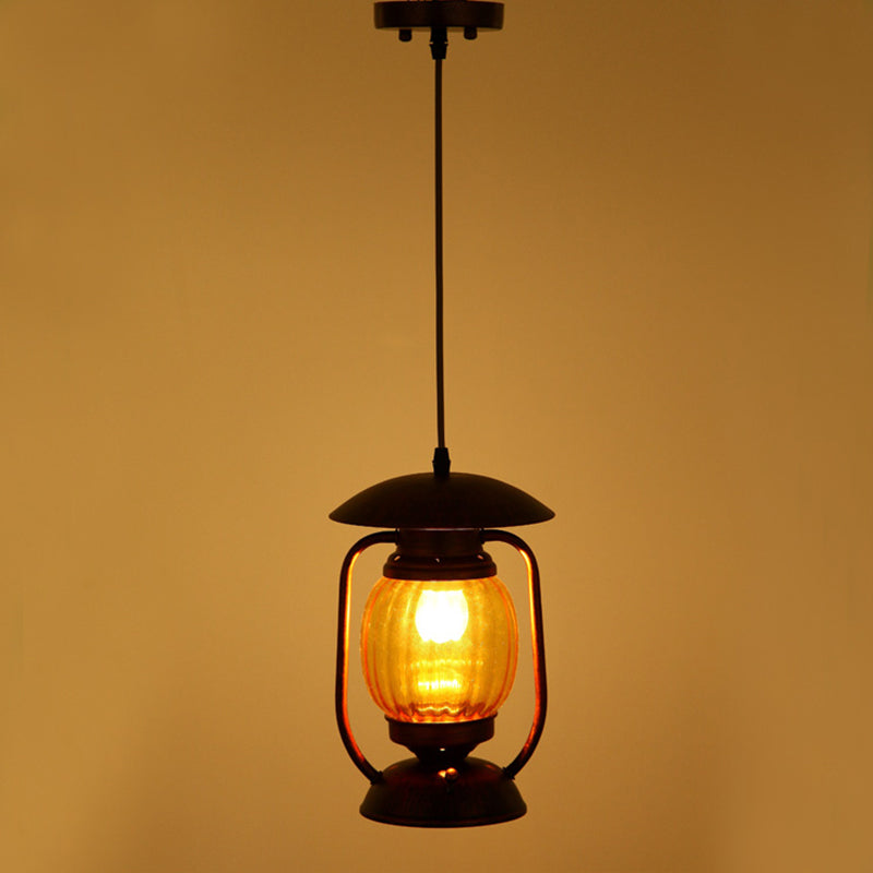 Copper 1-Light Ceiling Hang Lamp Farmhouse Amber Ribbed Glass Lantern Drop Pendant over Table