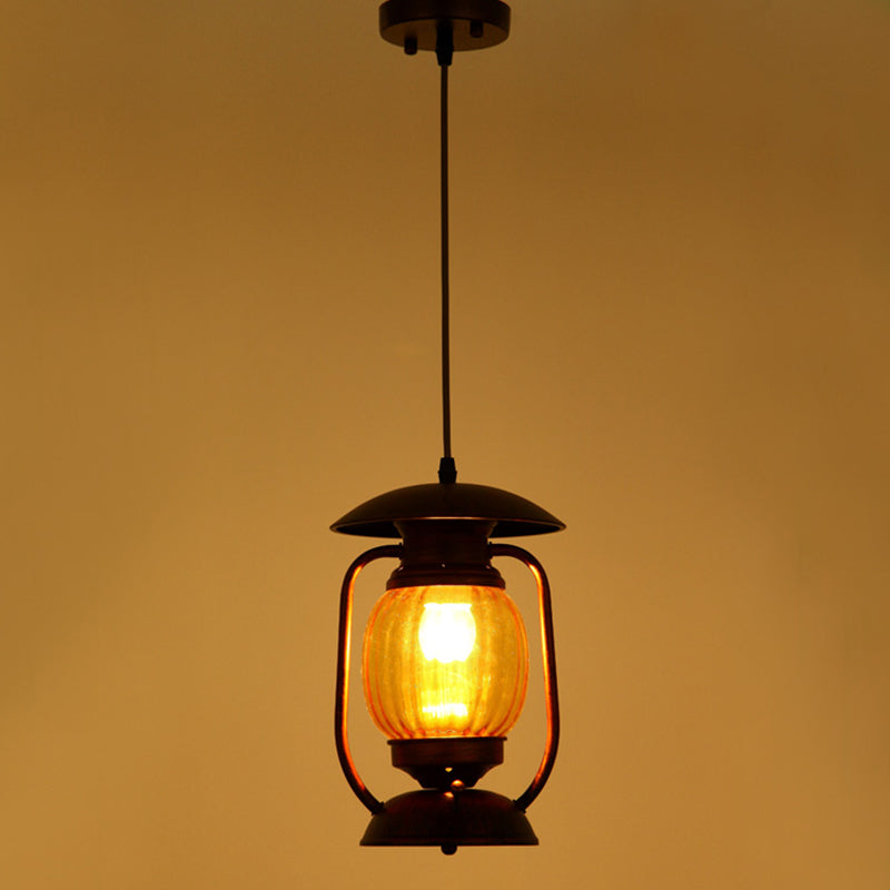 Copper 1-Light Ceiling Hang Lamp Farmhouse Amber Ribbed Glass Lantern Drop Pendant over Table