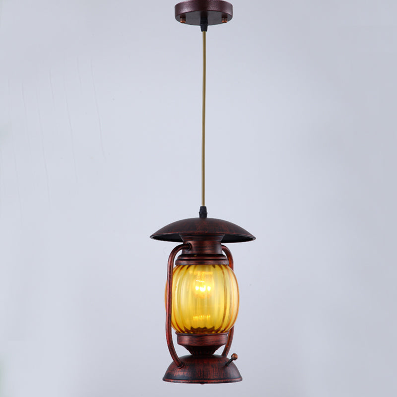 Copper 1-Light Ceiling Hang Lamp Farmhouse Amber Ribbed Glass Lantern Drop Pendant over Table