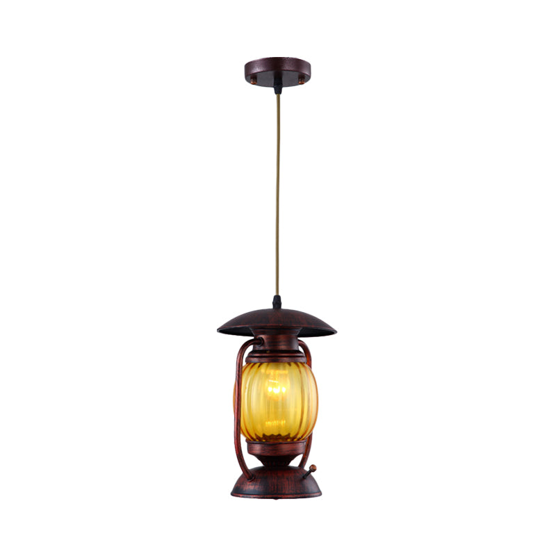 Copper 1-Light Ceiling Hang Lamp Farmhouse Amber Ribbed Glass Lantern Drop Pendant over Table
