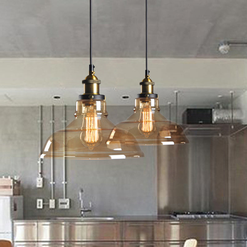 Clear/Smoke Grey Glass Barn Pendant Lamp Country Style 1 Head Dining Room Hanging Light in Brass and Black