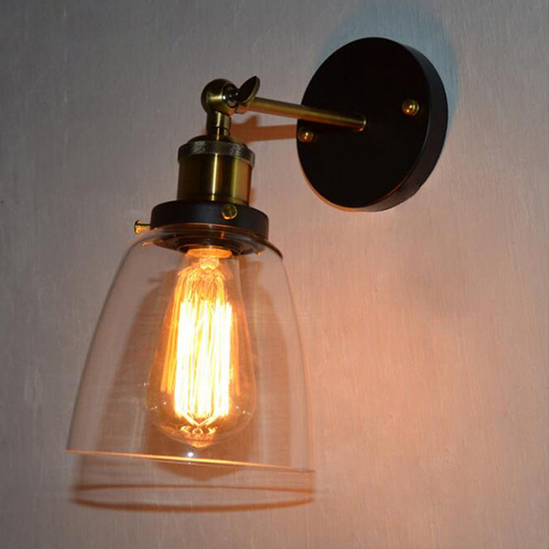 Warehouse Cloche Rotatable Wall Lamp 1 Head Transparent Glass Wall Light Sconce in Black and Brass/Black
