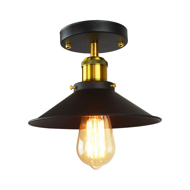 Flared Shade Foyer Semi Mount Lighting Industrial Iron 1-Light Black and Brass Close to Ceiling Lamp