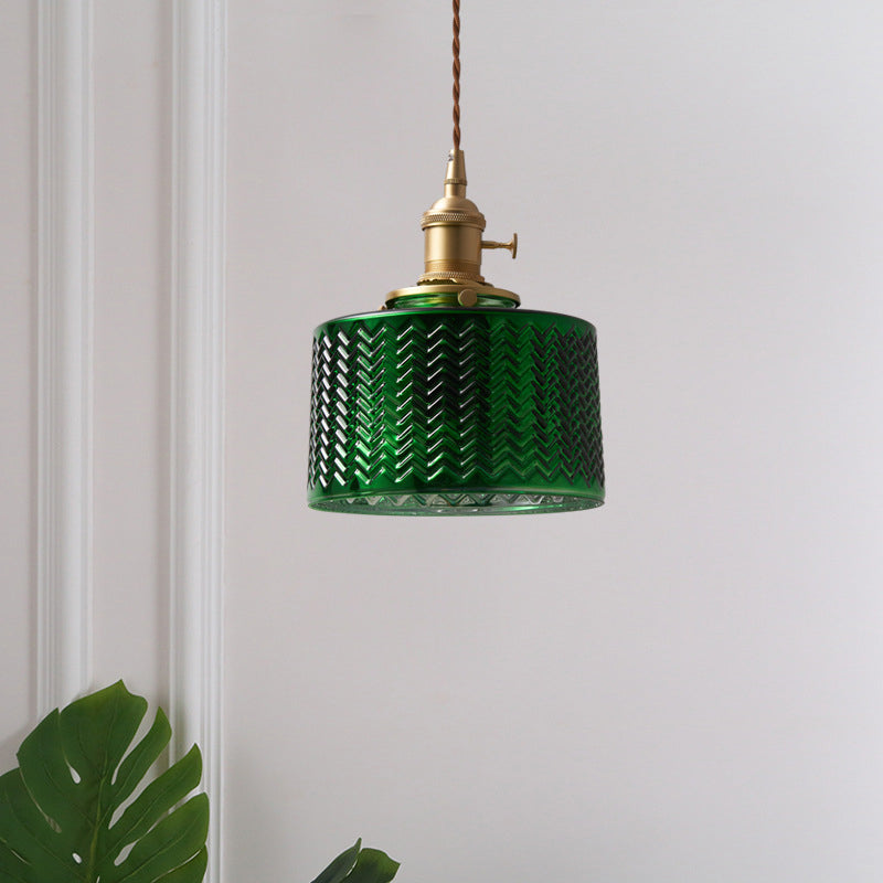 1 Light Textured Green Glass Pendant Vintage Brass Drum/Bowl Bedside Hanging Light Fixture with Rotary Switch
