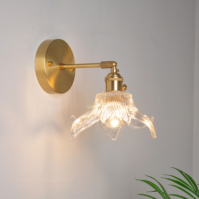 Iron Brass Finish Wall Reading Light Swing Arm 1-Light Industrial Wall Mounted Lamp with Blossom/Bowl Clear Glass Shade