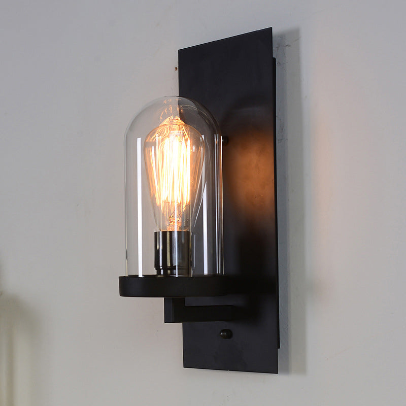 Black Rectangular Wall Light Sconce Retro Metal 1 Head Foyer Wall Lamp with Cloche Clear Glass Shade