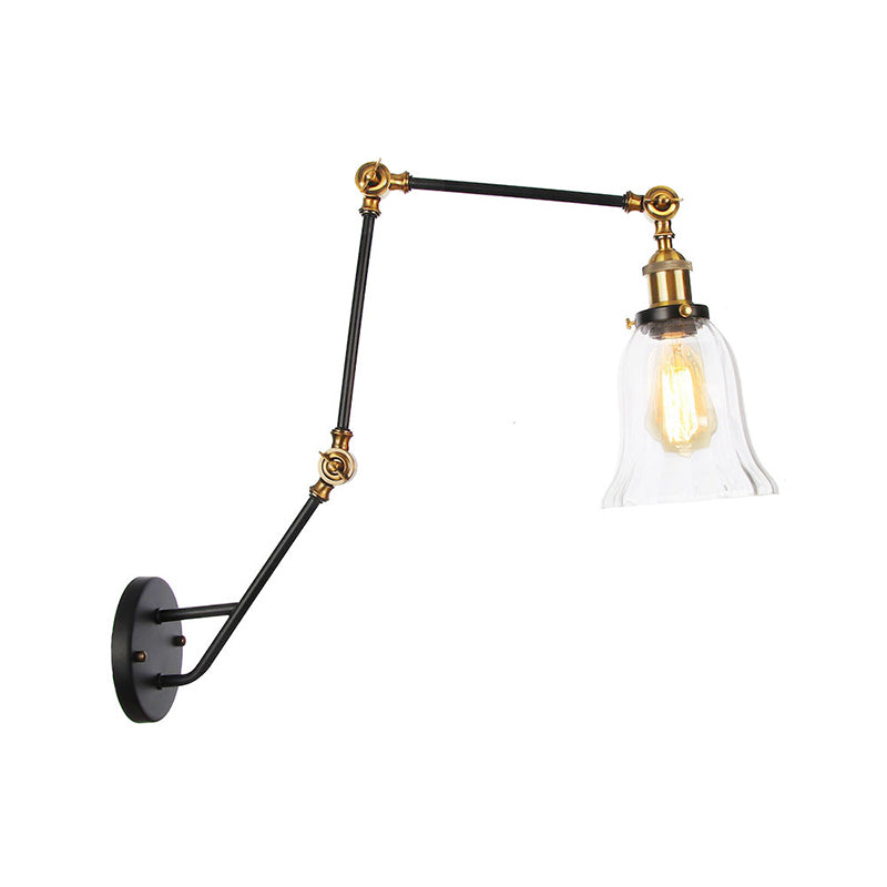 Adjustable 3-Joint Arm Iron Wall Lamp Industrial 1 Head Bedroom Wall Reading Light with Globe/Saucer Clear Glass Shade