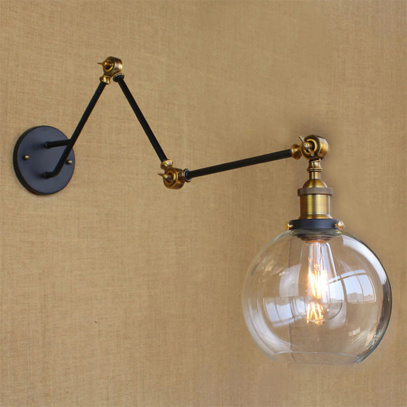 Adjustable 3-Joint Arm Iron Wall Lamp Industrial 1 Head Bedroom Wall Reading Light with Globe/Saucer Clear Glass Shade