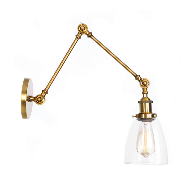 1-Light Clear Glass Wall Light Fixture Warehouse Brass/Bronze Swing Arm Task Wall Lamp with Bell/Ball Clear Glass Shade