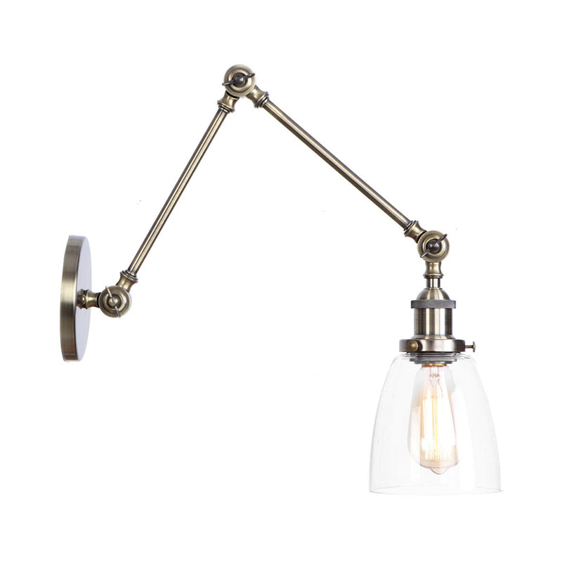 1-Light Clear Glass Wall Light Fixture Warehouse Brass/Bronze Swing Arm Task Wall Lamp with Bell/Ball Clear Glass Shade