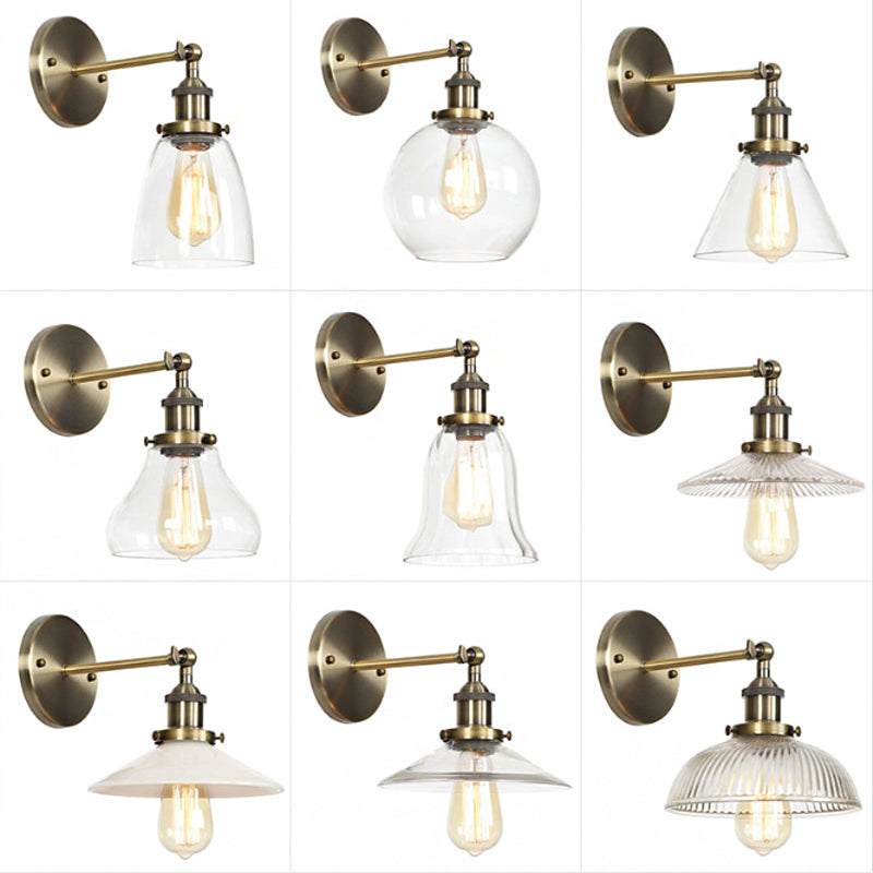 Brass Cone/Bell Swivel Shade Wall Light Industrial Clear Glass Single Dining Room Wall Mount Light Fixture