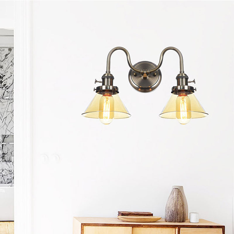 Amber/Clear Glass Diamond/Ball Wall Light Factory 2 Bulbs Living Room Wall Mounted Lighting with Undulated Arm in Bronze