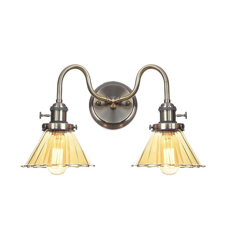 Amber/Clear Glass Diamond/Ball Wall Light Factory 2 Bulbs Living Room Wall Mounted Lighting with Undulated Arm in Bronze