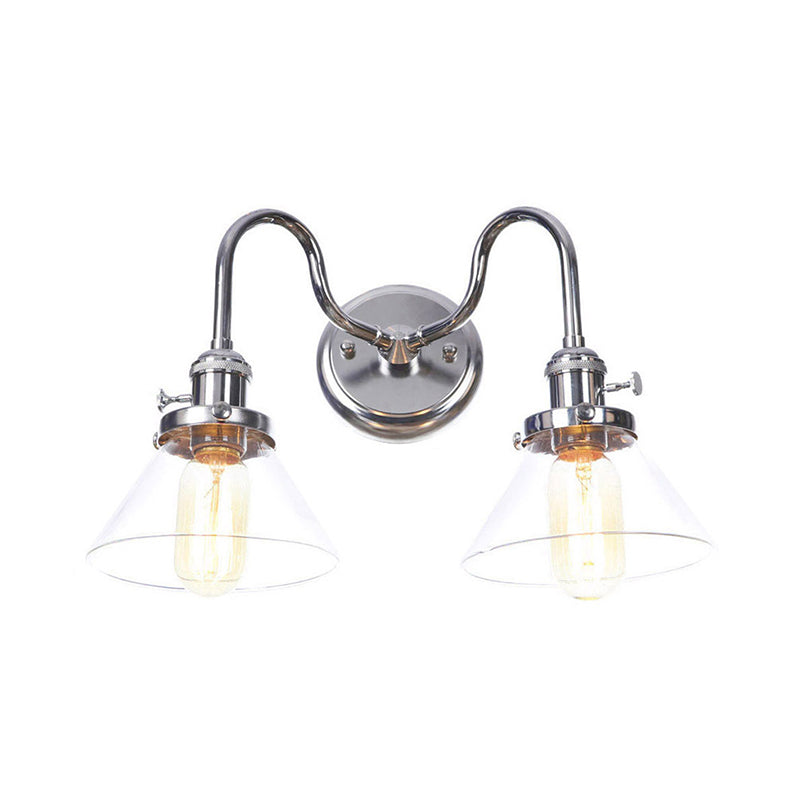 Chrome 2 Lichter Wandleuchten Industrial Style Clear Glass Globe/Cone Wall Light Kit mit welligem Arm für Korridor
