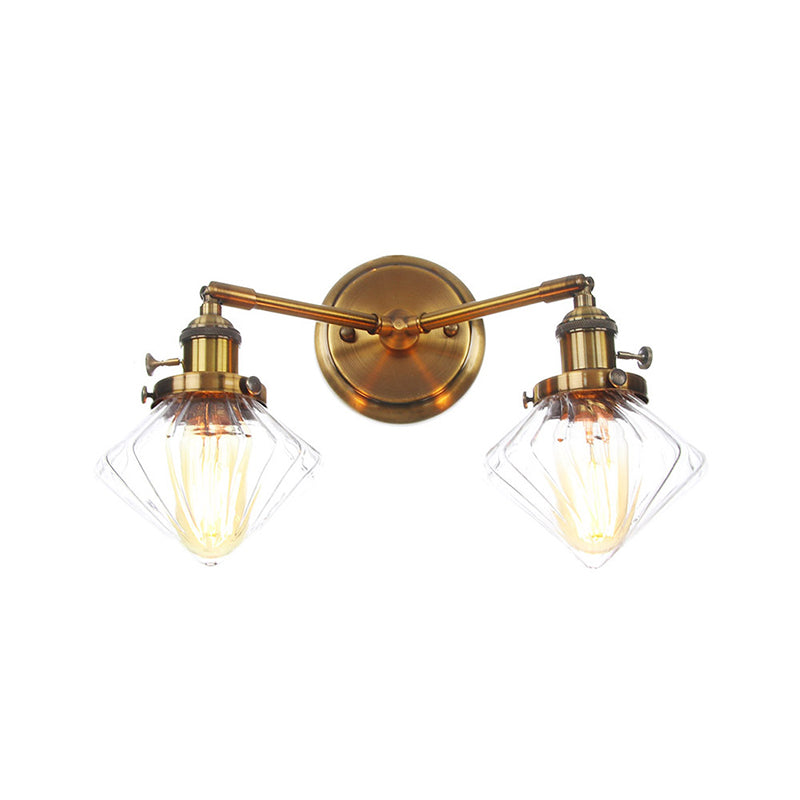 Metal Antiqued Brass Wall Lighting Conical/Spherical 2-Light Warehouse Wall Mounted Lamp with Straight/Curved Arm