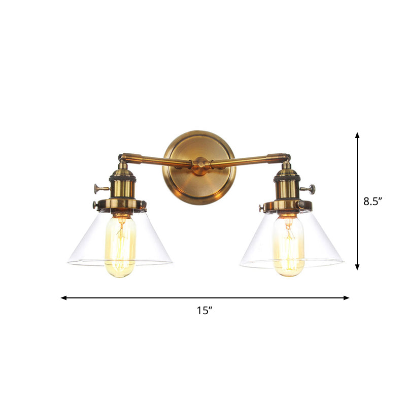 Metal Antiqued Brass Wall Lighting Conical/Spherical 2-Light Warehouse Wall Mounted Lamp with Straight/Curved Arm