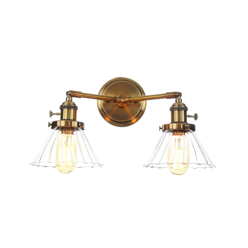 Metal Antiqued Brass Wall Lighting Conical/Spherical 2-Light Warehouse Wall Mounted Lamp with Straight/Curved Arm