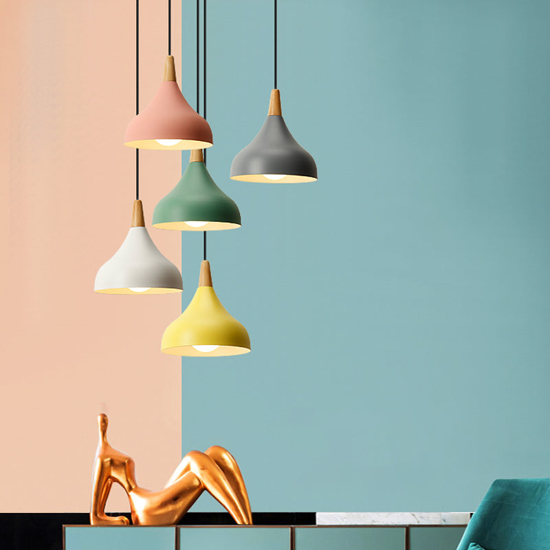 Salle à manger à l'oignon plafond pendentif métal métallique 1-Light Macaron Éclairage en suspension en blanc / rose / vert et bois