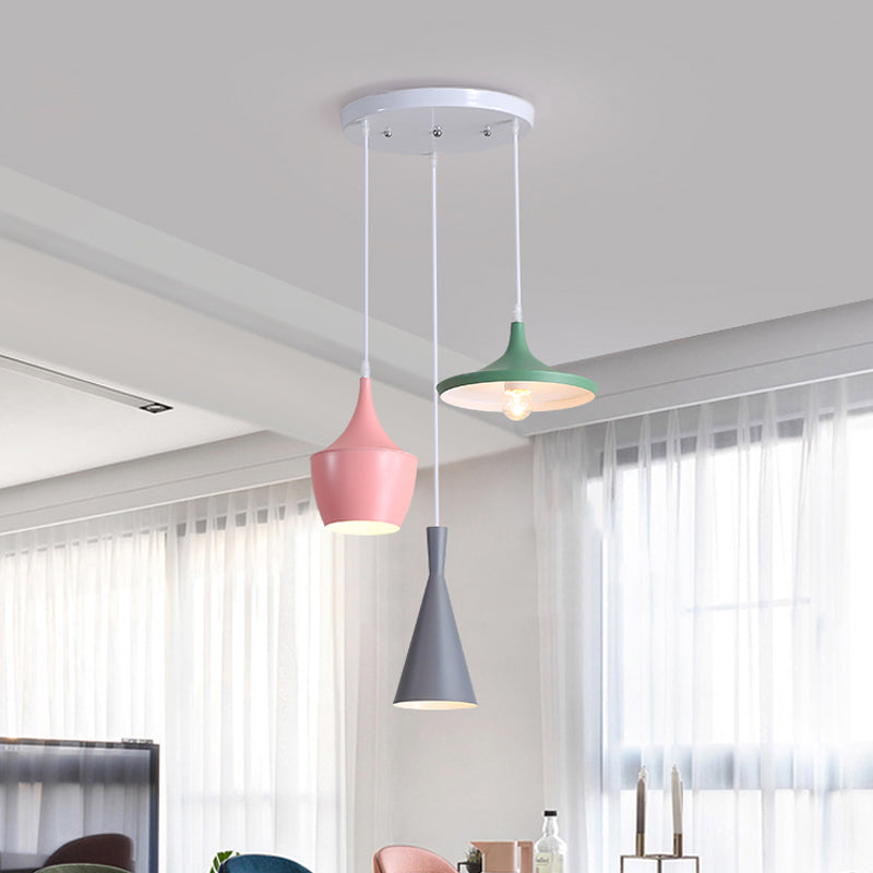 Ombreggiata/ciotola/macaron multi-pendant conico in metallo a 3 luci sala da pranzo lampada appendi in bianco