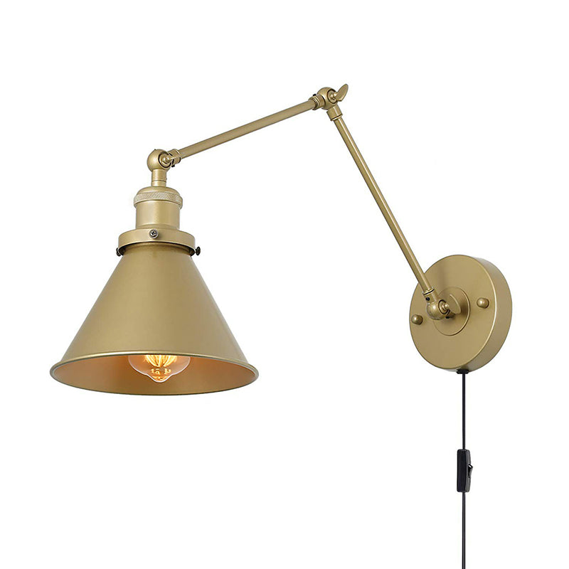 Conical Bedside Wall Reading Lamp Antique Metallic 1 Bulb Brass Plug-in/Plug-less Wall Mounted Light with Swing Arm