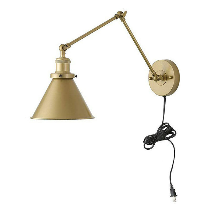 Conical Bedside Wall Reading Lamp Antique Metallic 1 Bulb Brass Plug-in/Plug-less Wall Mounted Light with Swing Arm