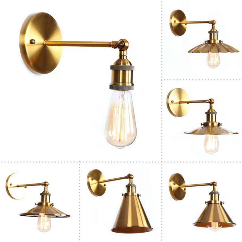 Iron Brass Finish Wall Light Fixture Scalloped/Horn/Cone 1-Light Factory Wall Mounted Lamp with Pivot Joint