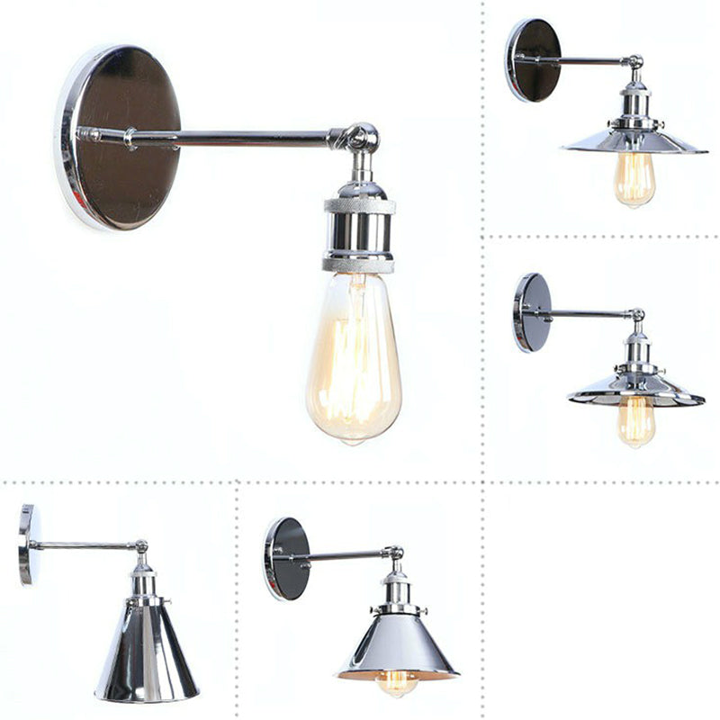 Chrome Finish 1-Light Wall Light Kit Industrial Iron Cone/Saucer/Shadeless Swivelable Reading Wall Lamp