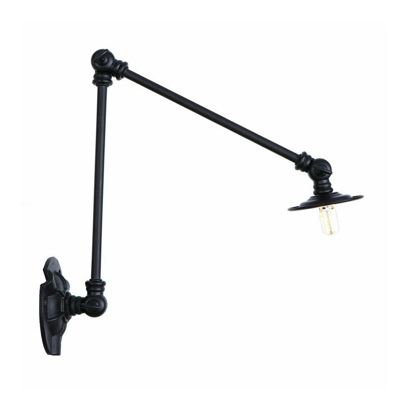 Extendable 2-Arm Iron Wall Light Warehouse 1-Light Studio Task Wall Lamp with Disc Shade in Black, 4"/12"/19.5" Long