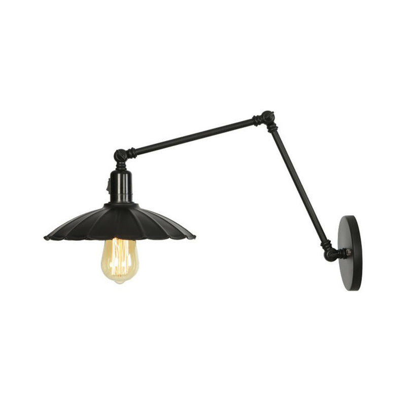 1-Light Iron Wall Light Industrial Black/White Cone/Saucer/Scalloped Bedroom Wall Mounted Lamp with Swing Arm