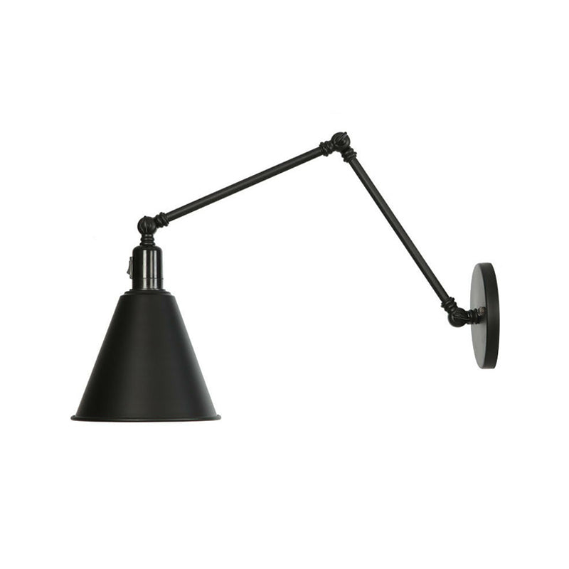 1-Light Iron Wall Light Industrial Black/White Cone/Saucer/Scalloped Bedroom Wall Mounted Lamp with Swing Arm