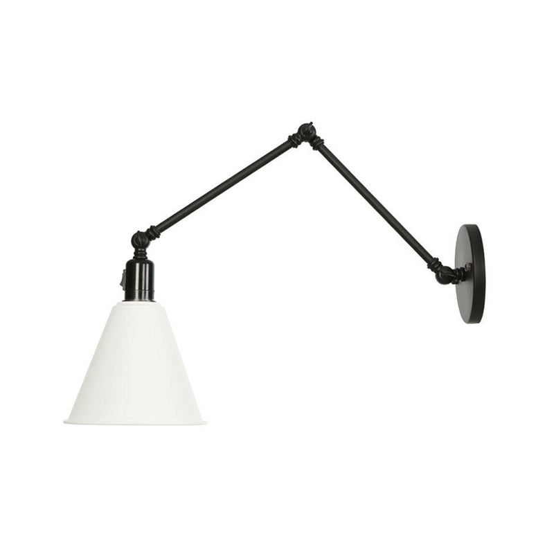 1-Light Iron Wall Light Industrial Black/White Cone/Saucer/Scalloped Bedroom Wall Mounted Lamp with Swing Arm