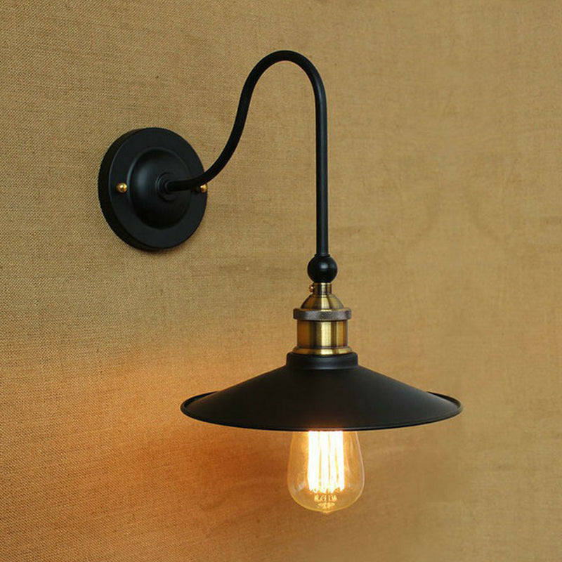 Swoop Arm Metallic Wall Lighting Rustic 1 Bulb Living Room Wall Mount Lamp with Scalloped/Saucer Shade in Black/White