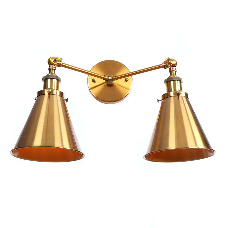 Brass 2 Heads Wall Lamp Fixture Antique Iron Horn/Scalloped/Cone Shade Wall Mounted Lighting with Adjustable Joint