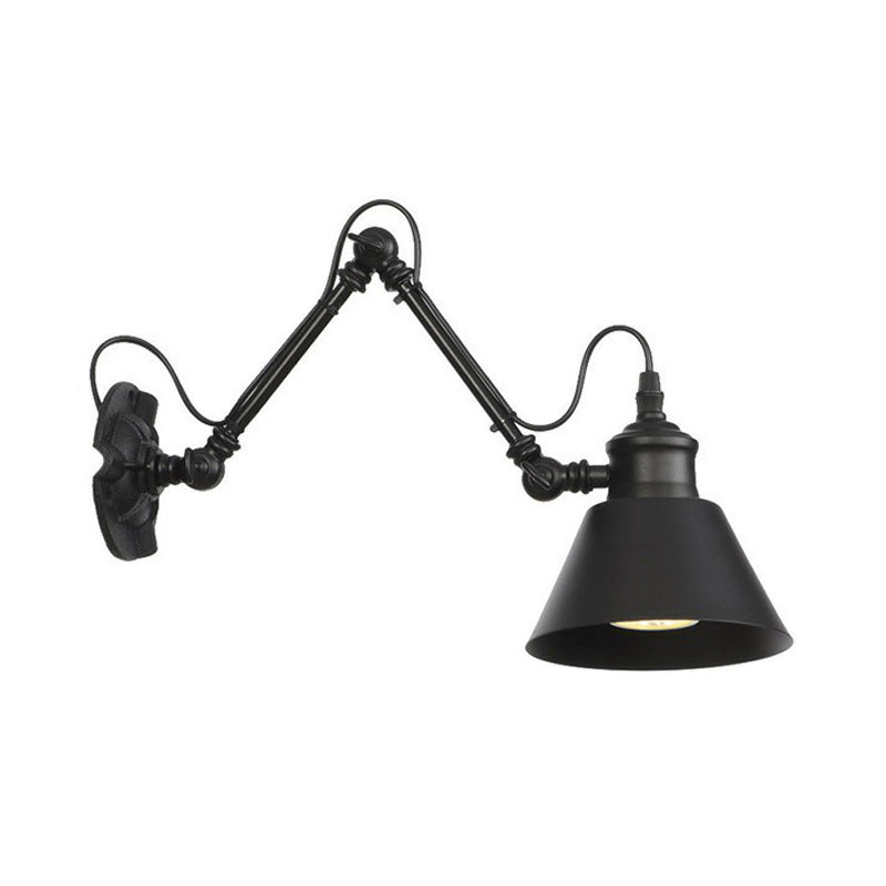 1-Bulb Bowl/Tapered/Bell Task Wall Lamp Vintage Matte Black Iron Wall Mount Reading Light with 4"/8" W 2-Joint Swing Arm